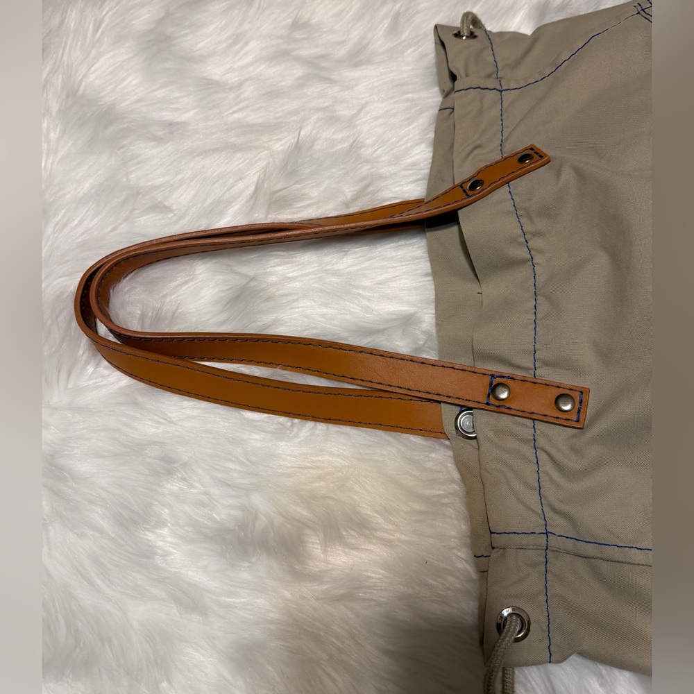 Lacoste Beige Canvas Sportsman Drawstring Tote with Tan Leather Handles - Picture 3 of 14